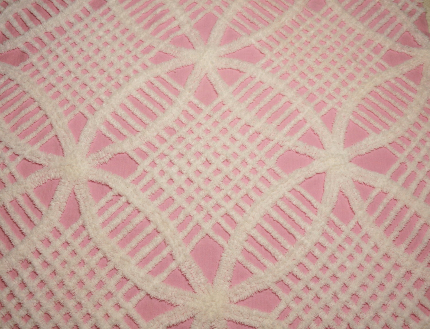 Pink and White Plush Wedding Ring Vintage Chenille Bedspread Fabric - 39 x 28 Inches