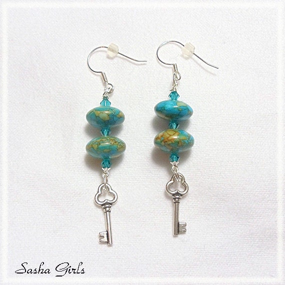 Mosaic Turquoise key to my heart earrings