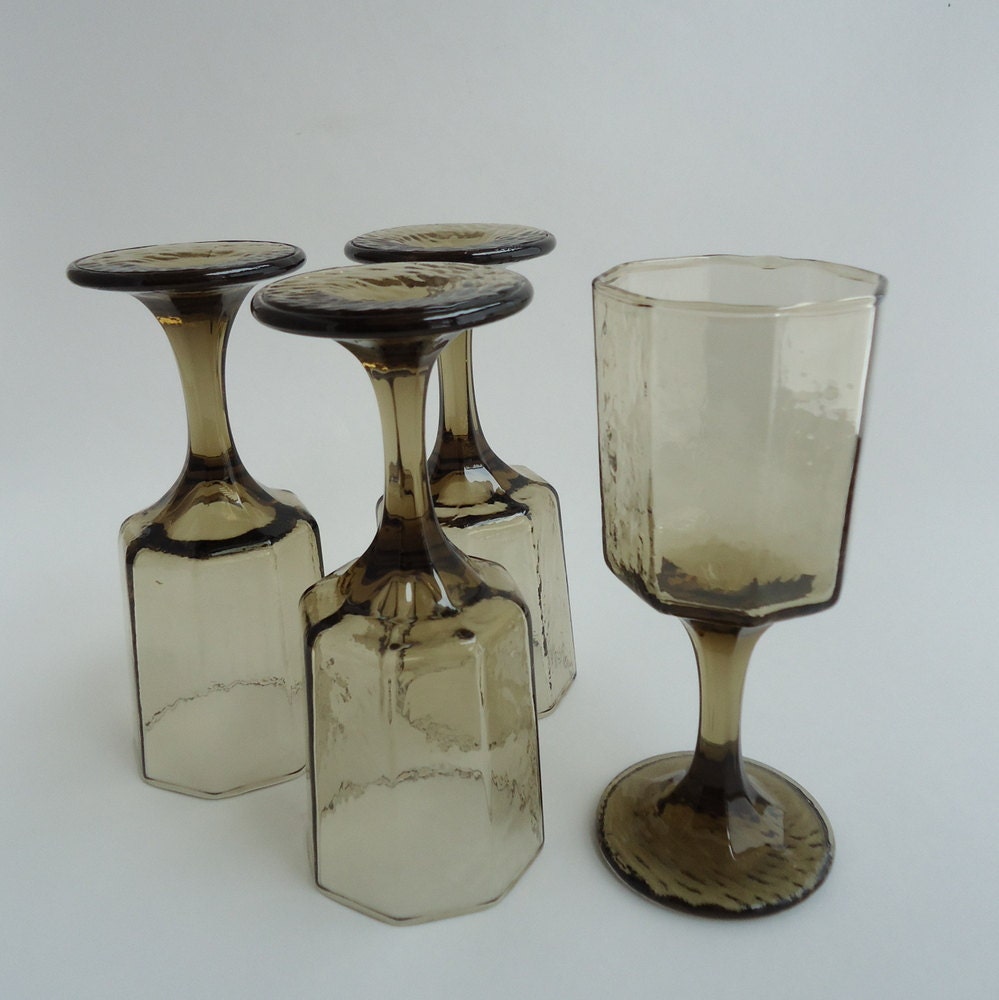 1980s Vintage Libbey Tawny Facet Wine Goblets, Set of 4