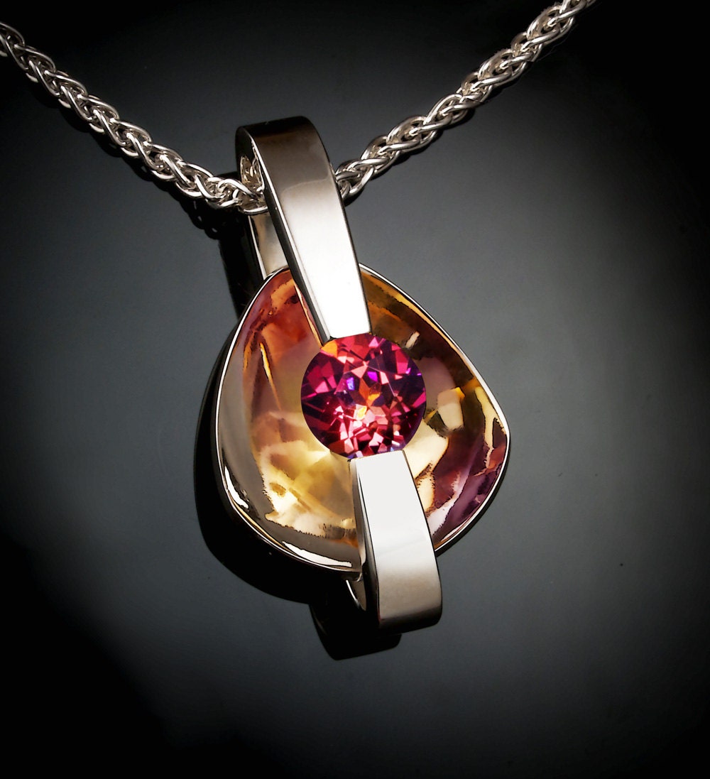 statement necklace - sunrise mystic topaz pendant - graduation - eco-friendly silver  - contemporary jewelry - tension set - 3502
