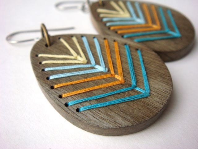 Embroidered Wood Chevron Earrings Grey Wood