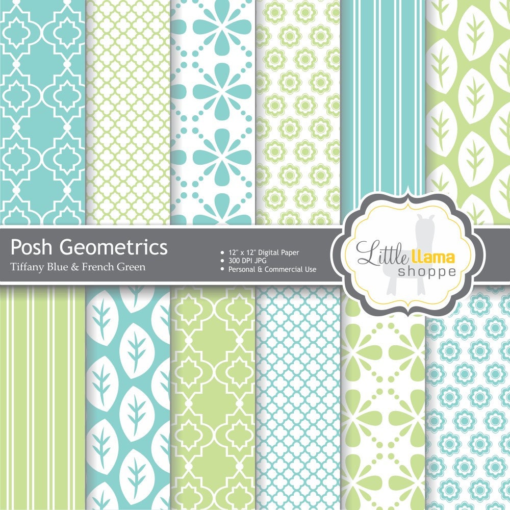 12 Digital Paper Pack in Tiffany Blue and Green. Geometric Patterns for Scrapbooking and Crafts  INSTANT DOWNLOAD  Personal & Commercial