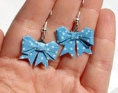 Origami bow earrings, made with blue polka dots origami washi paper