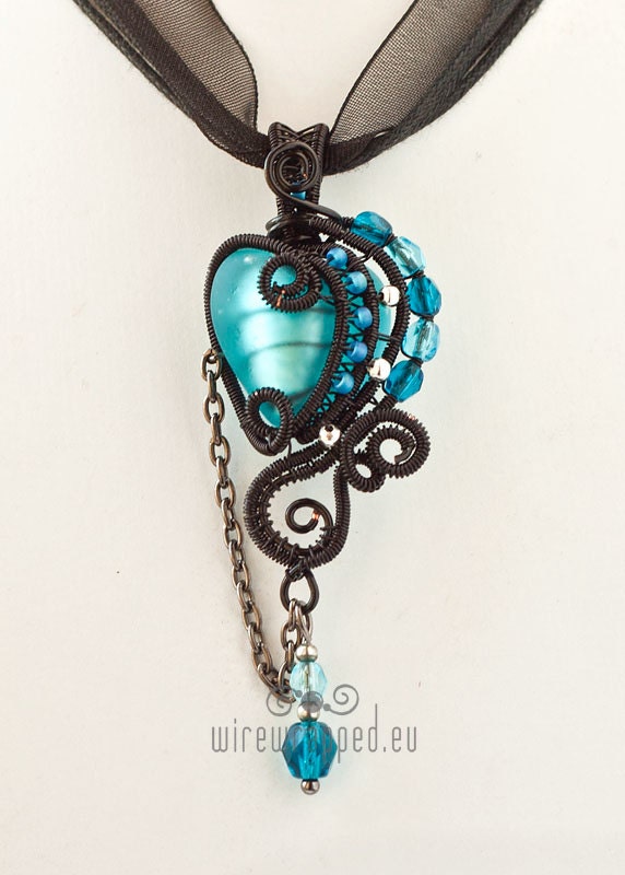 OOAK Aqua blue goth wire wrapped heart pendant