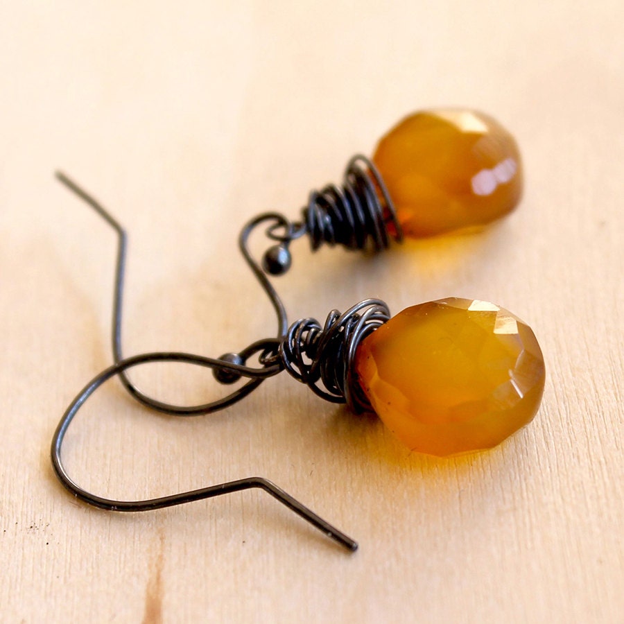 Orange Yellow Chalcedony Briolette and Oxidized Sterling Silver Wire Wrapped Earrings