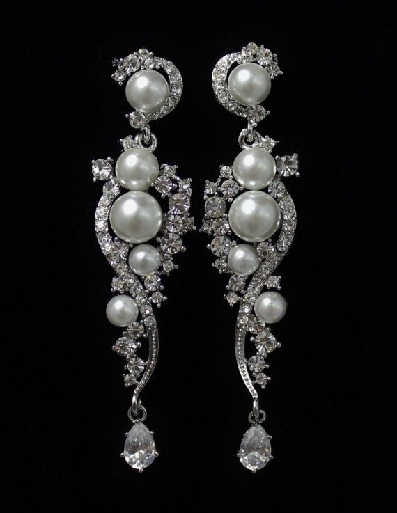 Wedding Bridal Jewelry, Chandelier Wedding Earrings, Crystal Rhinestone and Pearl Bridal Earrings, TILLY