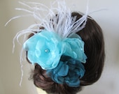 Teal and turquoise flower wedding hair clip accessory or brooch, corsage lapel pin, mini boquet