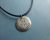 I Am My Own Cool Self, hand stamped metal necklace saying, black leather, men, boy, teens, kids, adults, graduation, gift box, wonderkath