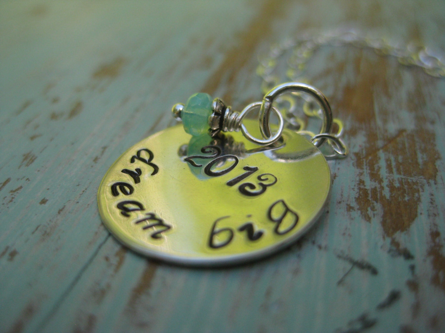2013 Dream Big - Sterling Silver Disc Necklace - Graduation Gift - Turquoise Czech Glass - TakeFlightBoutique