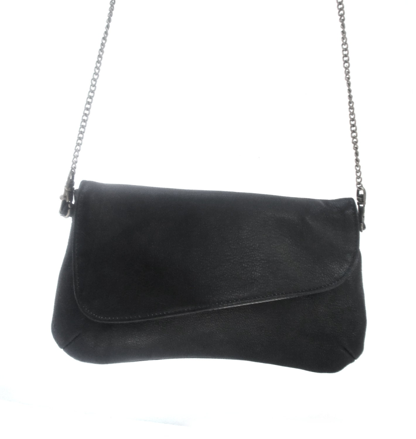 Italian black leather Clutch Purse , black evening purse, women wallet, metal chain