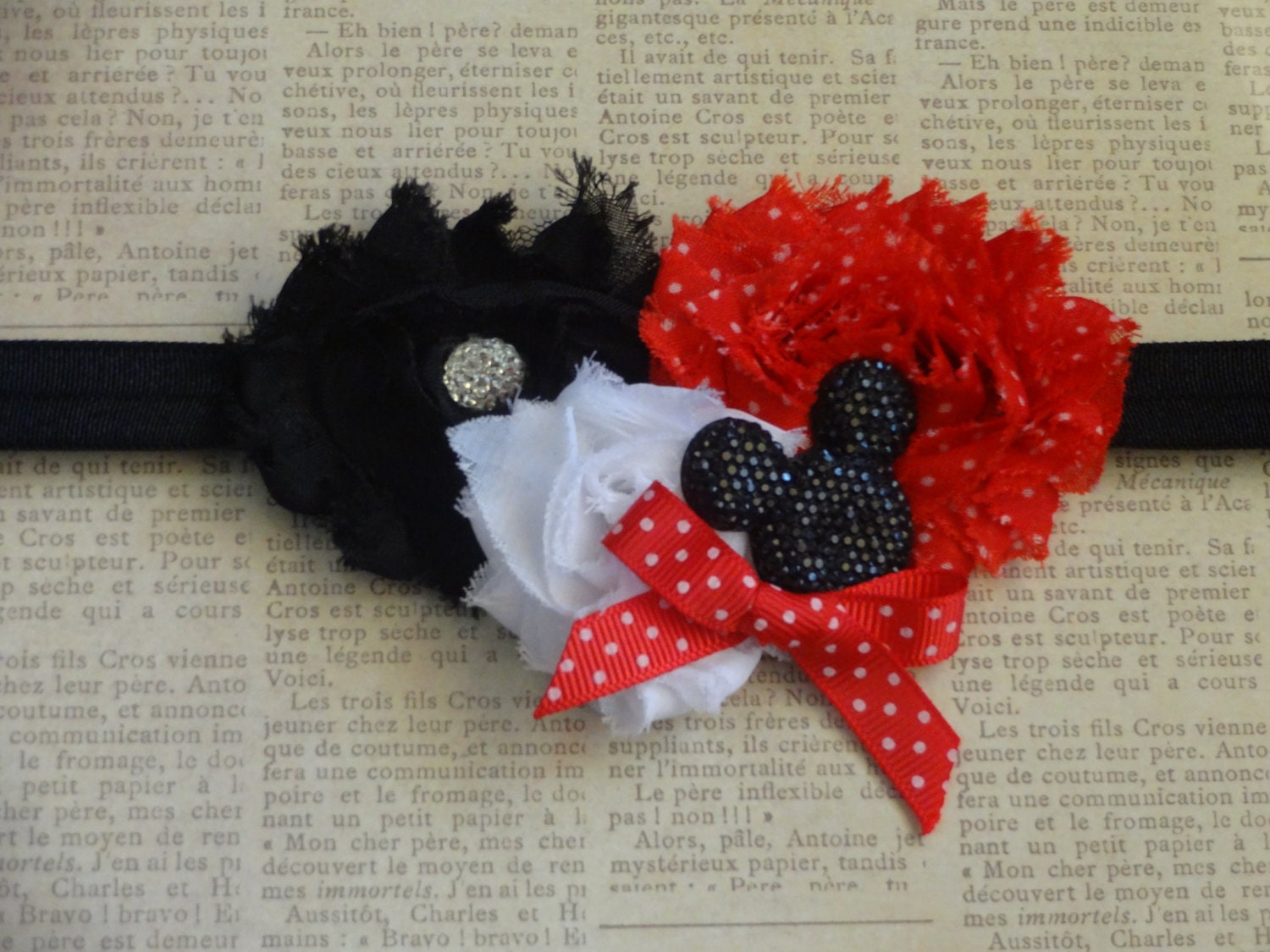 Mickey/Minnie Mouse Headband with Rosettes, Ribbon, and Rhinestone