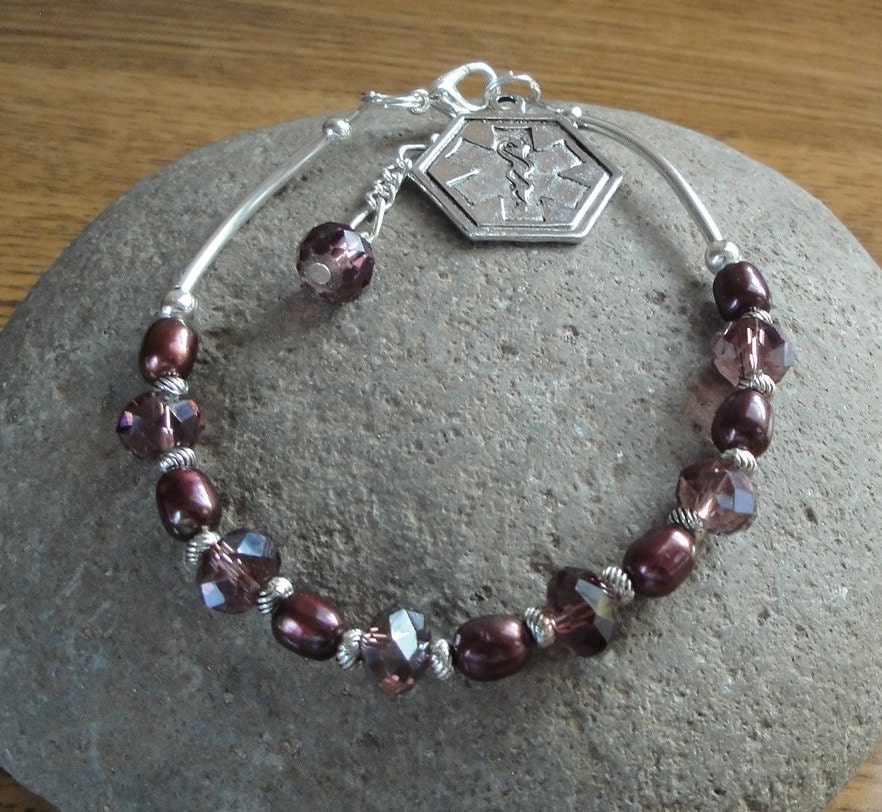 Medical Alert Jewelry / Bracelet - Diabetes, Allergies, Seizures, Multiple Sclerosis, Peanut or Heart -  Freshwater Pearls