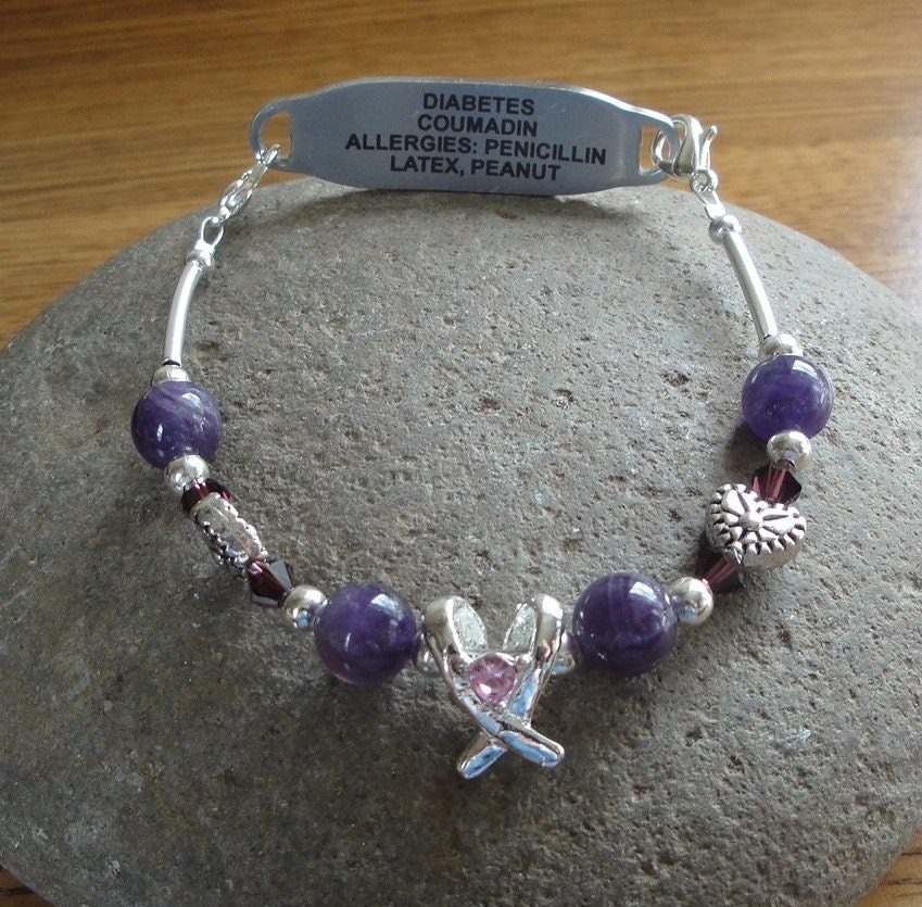 Medic Alert Interchangeable Bracelet - Diabetic, Epilepsy, Allergies, Seizures, Heart, Asthma, Penicillin, etc. - Amethyst - Pink Ribbon