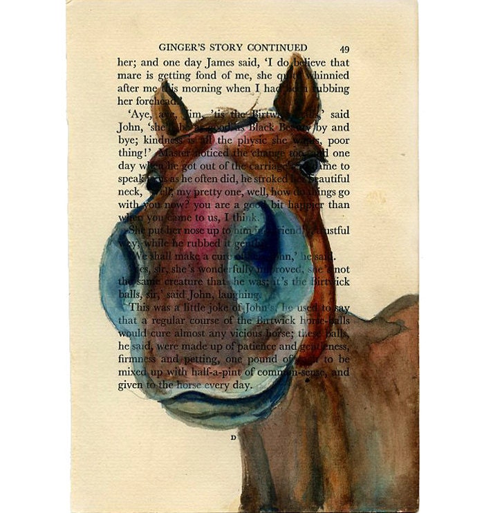 Nosey Horse IV - Original Watercolor Painting - on Antique Book page 5x7inch