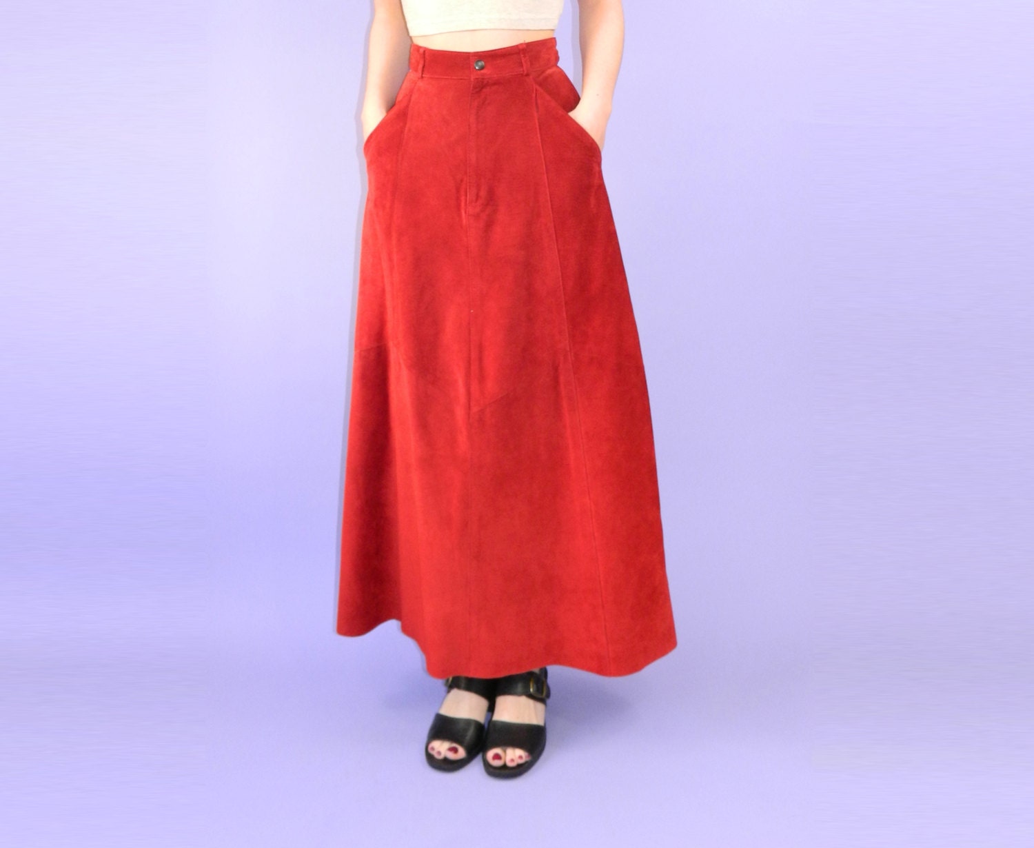 1970s Long Suede Skirt Cranberry Red XS