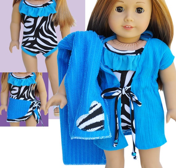 American Girl Bathing Suit Set - One-Piece Zebra and Turquoise Ruffles with Coverup Sarong & Towel