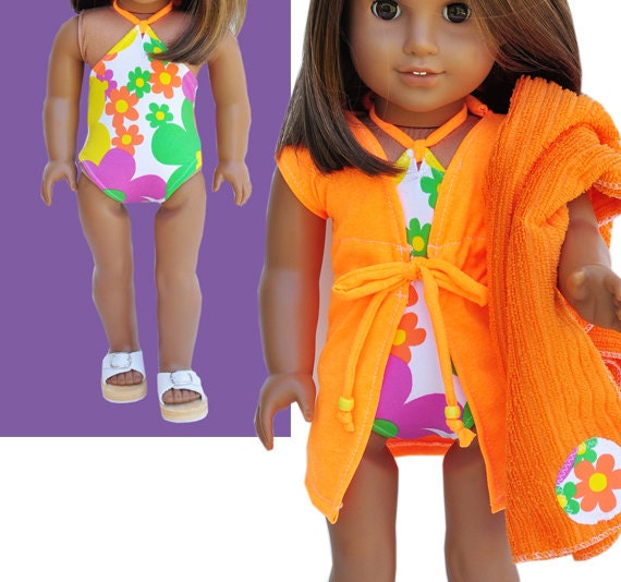 American Girl Bathing Suit Set - Bright Floral One-Piece with Coverup & Towel