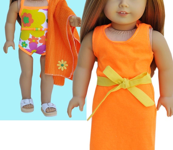 American Girl Bathing Suit Set - One-Piece Bright Floral with Orange Coverup & Towel