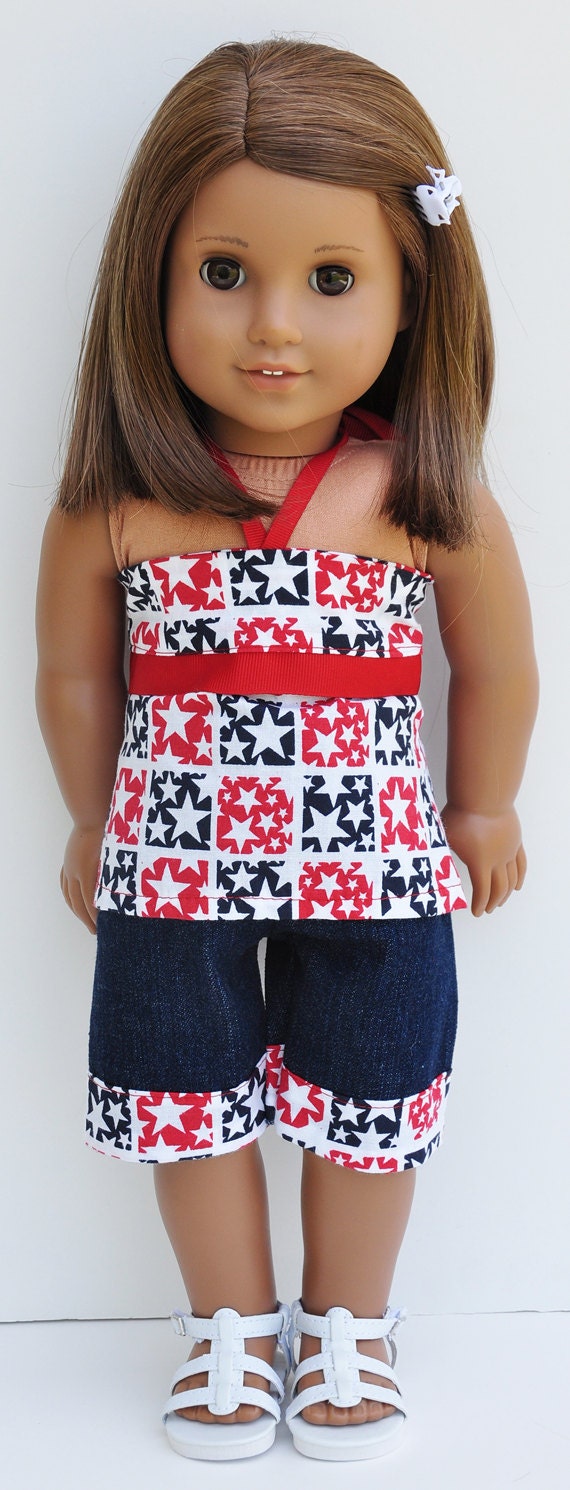 American Girl Clothes - Patriotic Red White Blue Bandeau Top and Bermudas