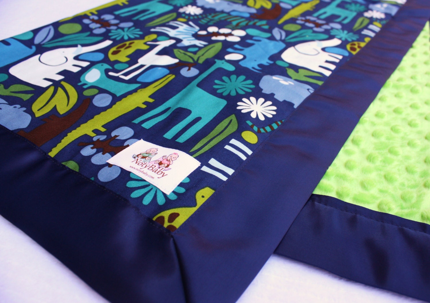 Minky Baby Stroller Blanket -- Navy 2D Zoo with Lime Minky with Navy Satin Trim -- MADE TO ORDER