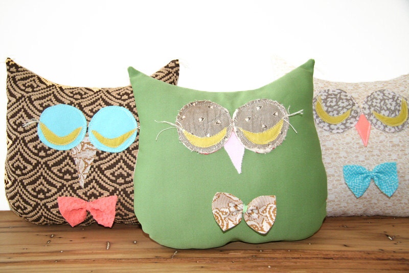 green owl throw pillow / recycled / nursery / green tan  / bow tie / children / home decor