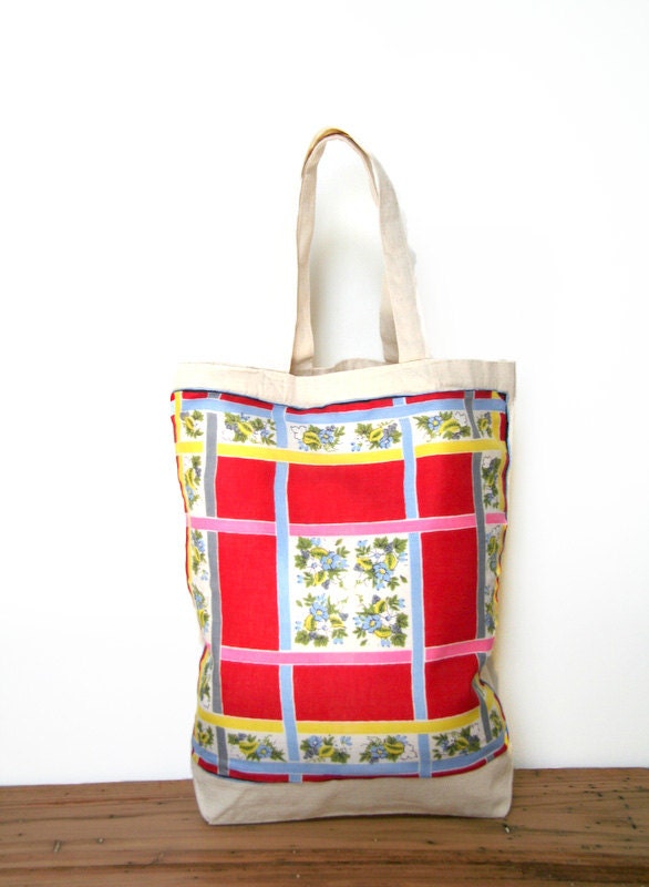 red vintage hankie tote bag / recycled / upcycled / spring summer / red pink green blue yellow natural / market bag / book bag / shabby chic