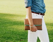 brown linen foldover clutch purse / spring summer / brown and turquoise / graduation gift