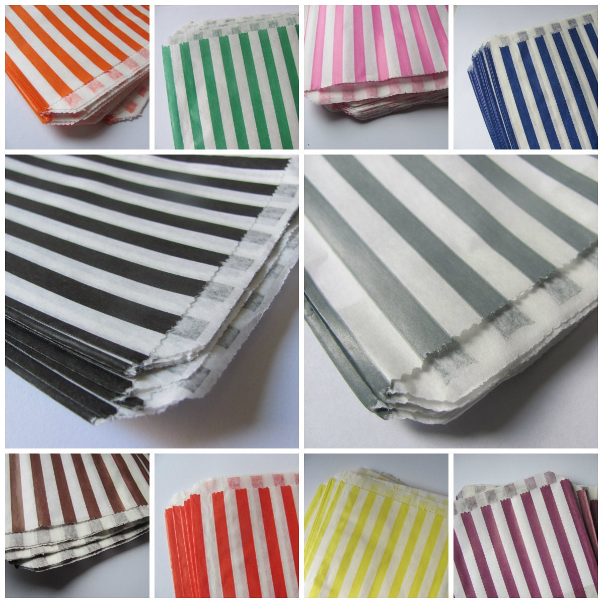 150 Paper Favor Bags - Colored Stripes - 5x7 - Candy Buffet - Treats - Gray Pink Red Blue Black Orange Green Yellow Purple Brown - No Holes