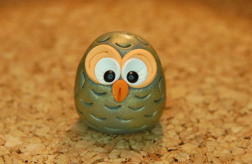 polymer clay owl- melon orange and gray - SMarrtCreations