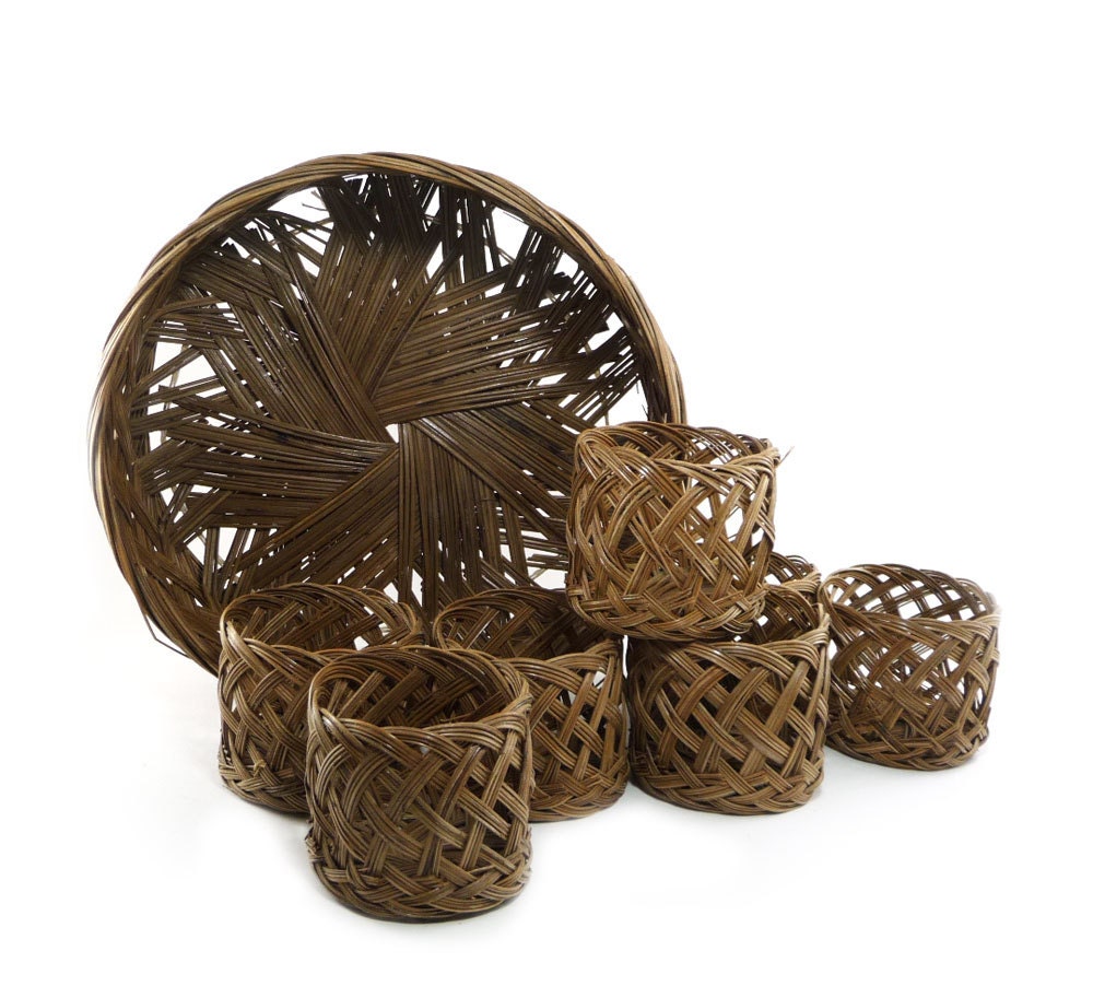 Wicker basket and cup holders - vintage picnic accessories