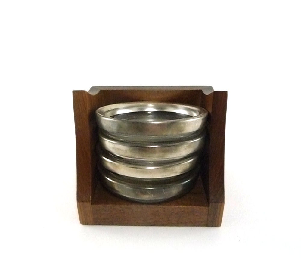 Vintage glass coaster set - 4 silver rimmed coasters with wooden holder