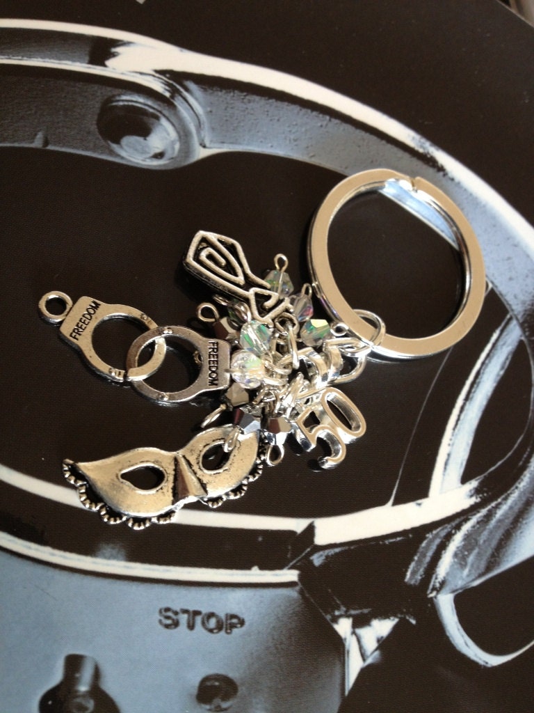 Key Chain  Silver Plated  Tie Handcuff Mask and Number 50 Charms