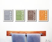Bathroom art prints. Bathroom Rules. Kids bathroom wall quotes. Wash Brush Floss Flush. Typography. Set of 4 8x10 prints by WallFry