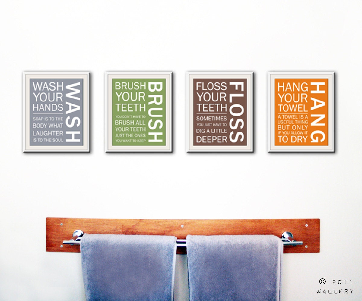 Bathroom art prints. Bathroom Rules. Kids bathroom wall quotes. Wash Brush Floss Flush. Typography. Set of 4 8x10 prints by WallFry