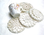 Cup Coaster set. Vintage white fabric,  antique lace elegant cups coasters. Set of 6 elegant pieces by Mintook.