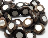 Ebony with White Makabibi Shell Inlay, Natural Wood Focal Bead, Octagon, Flat, Smooth, 25mm, Large, 7pcs - ID 1481
