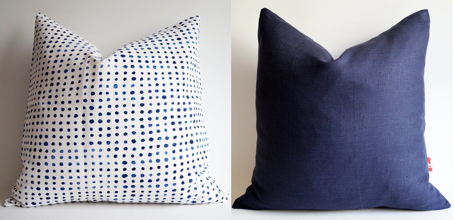 Sukan / SET (2 piece) Linen pillow cover navy blue white - decorative covers - throw pillows - shams - 20x20 inch
