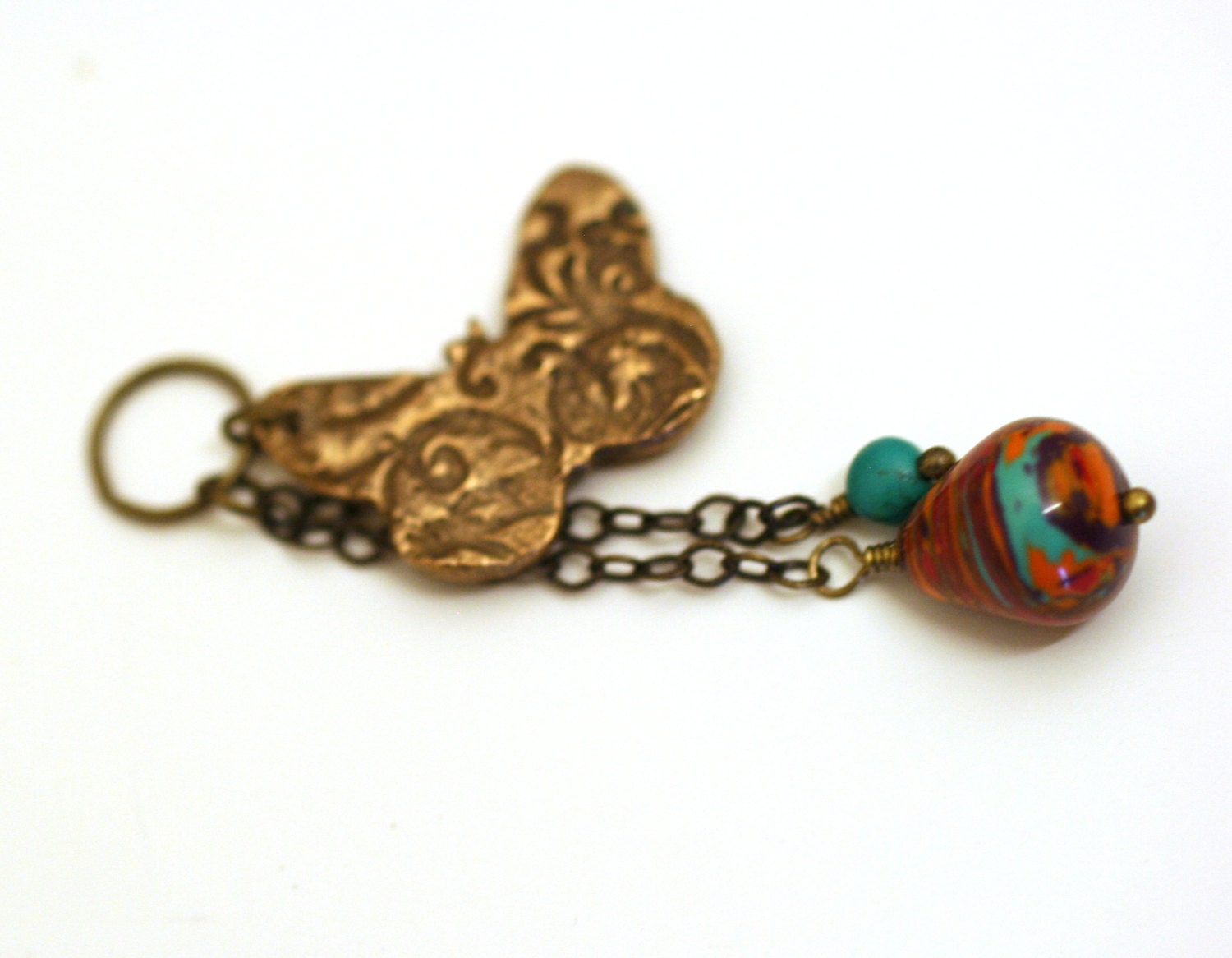 Bright Bead Dangle and Filigree Butterfly in Copper Pendant