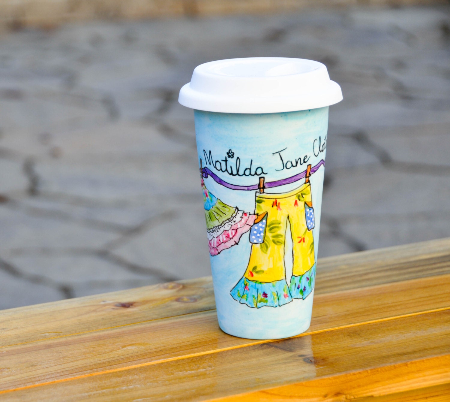 Hand Painted Custom Travel Mug - Personalized Tumbler - Ceramic To Go Mug with Lid - Matilda Jane Eco Cup