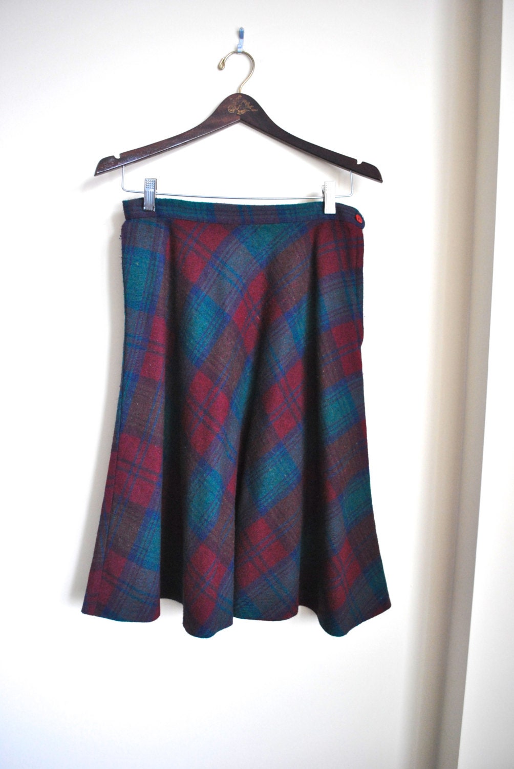 70s Plaid Skirt - Tartan A-Line Skirt - Vintage Red Green and Blue Acrylic Skirt
