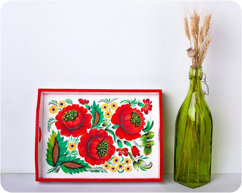 Poppies serving tray. Hand Painted Home Decor. Poppy Painting. Poppy cottage. Shabby Chic. Country Kitchen. Wood serving tray