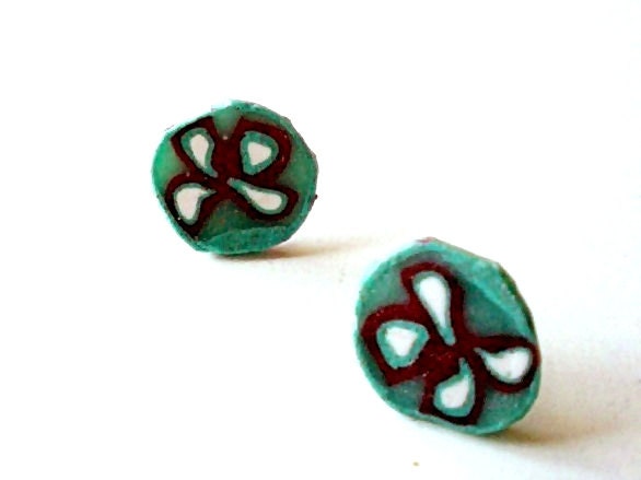 Flower post earrings -mint- red stud polymer clay -handmade millefiori-under 25- everyday jewelry