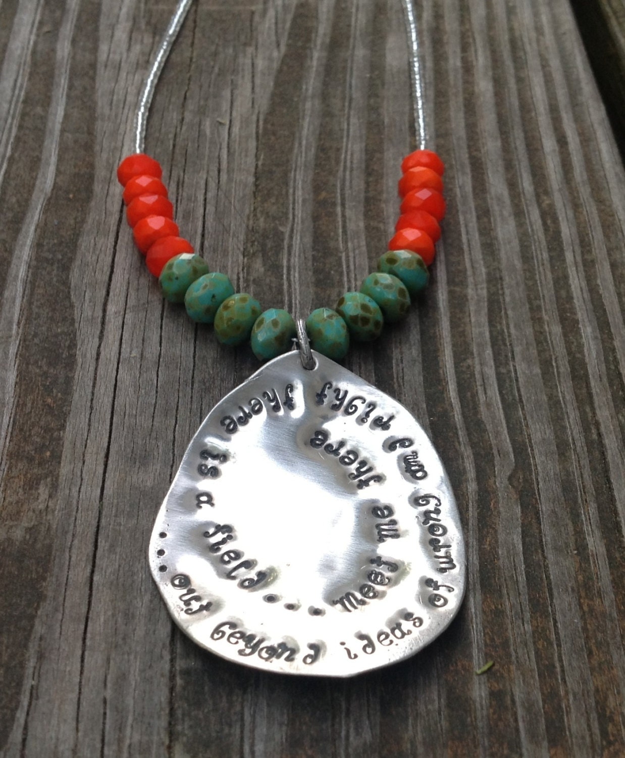 Stamped silver necklace with Rumi quote, orange and turquoise stones