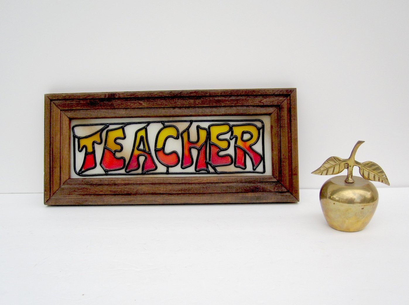 School Teacher Sign - Stained Glass Word Sign - Brown Orange Yellow White - Wooden Frame