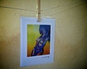 Nude in Yellow and Blue Fine art print greeting card. Paintings, collage, drawing prints. Kraft paper card, card with envelope
