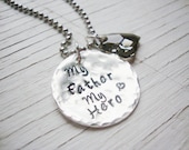 My father my hero silver hand stamped necklace with gray silver swarovski crystal heart