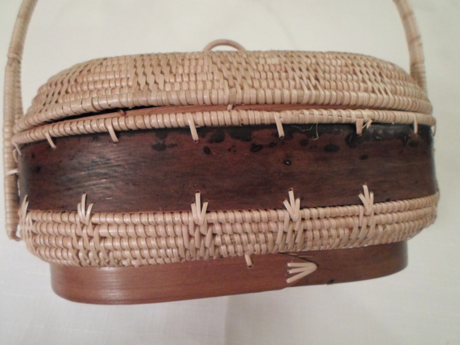 Vintage Woven Bark & Rattan Native American Handmade Handled Basket with Lid
