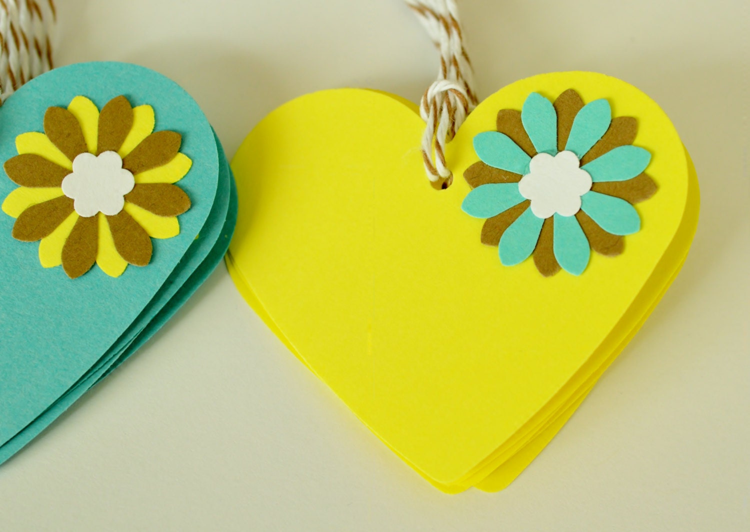 Gift Tag, Gift Label, Teal Yellow Brown Heart Tags, Die Cut Heart Tag, Paper Heart, Set of Ten