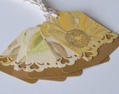 Kraft Paper and Floral Tags, Rustic Style Gift Tag, Set of 10, Brown and Yellow, Bakers Twine Paper Die Cut Tags
