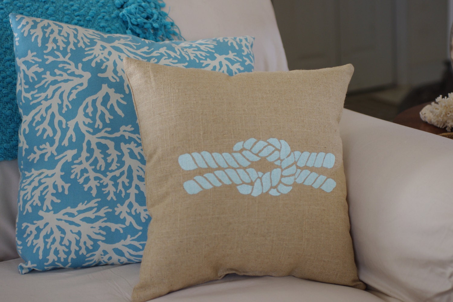 Beach Decor Natural Linen Pillow with Embroidered Knot - Beach Decor